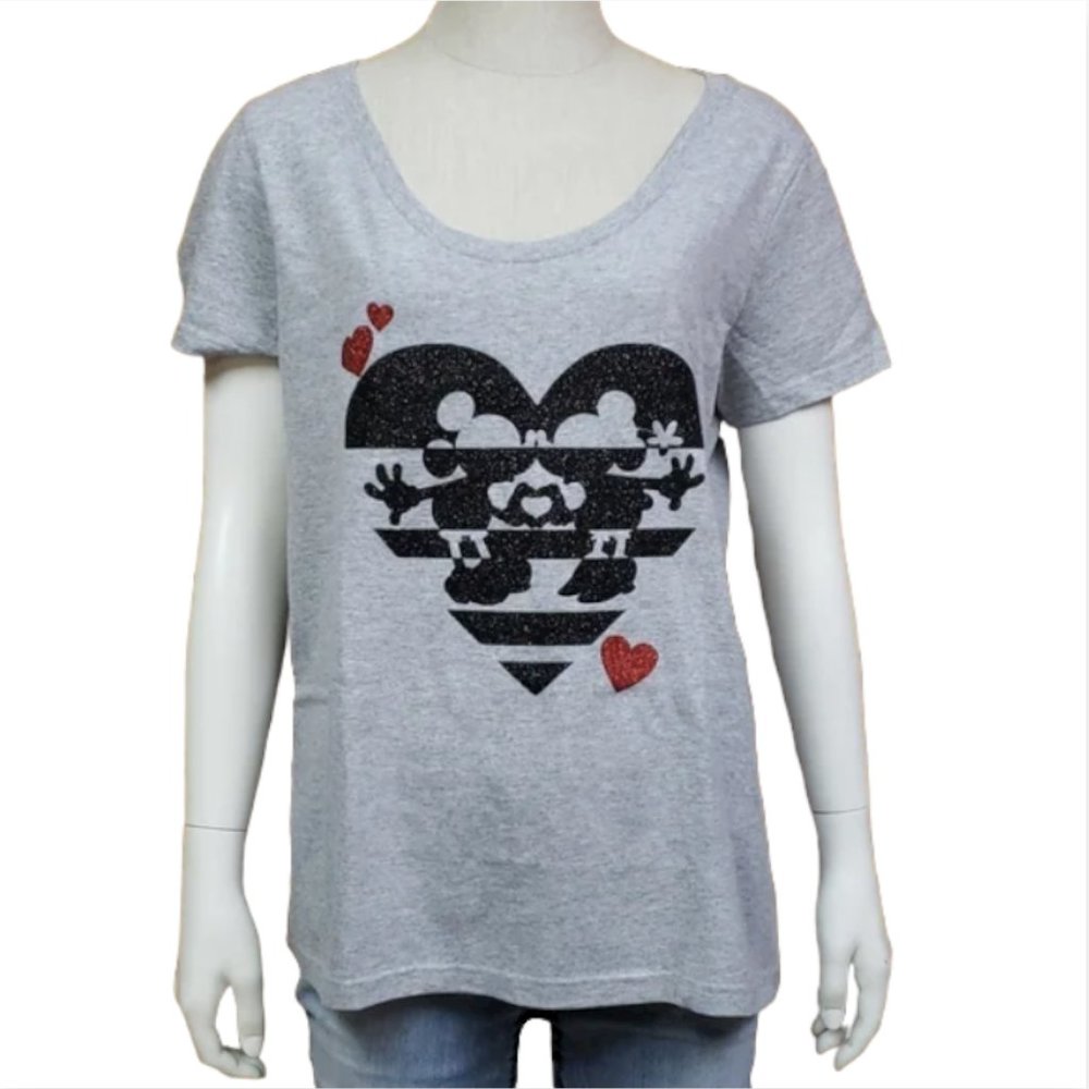 Disney Store Mickey Minnie Tee Women's L Glitter Heart Graphic Gray Shirt